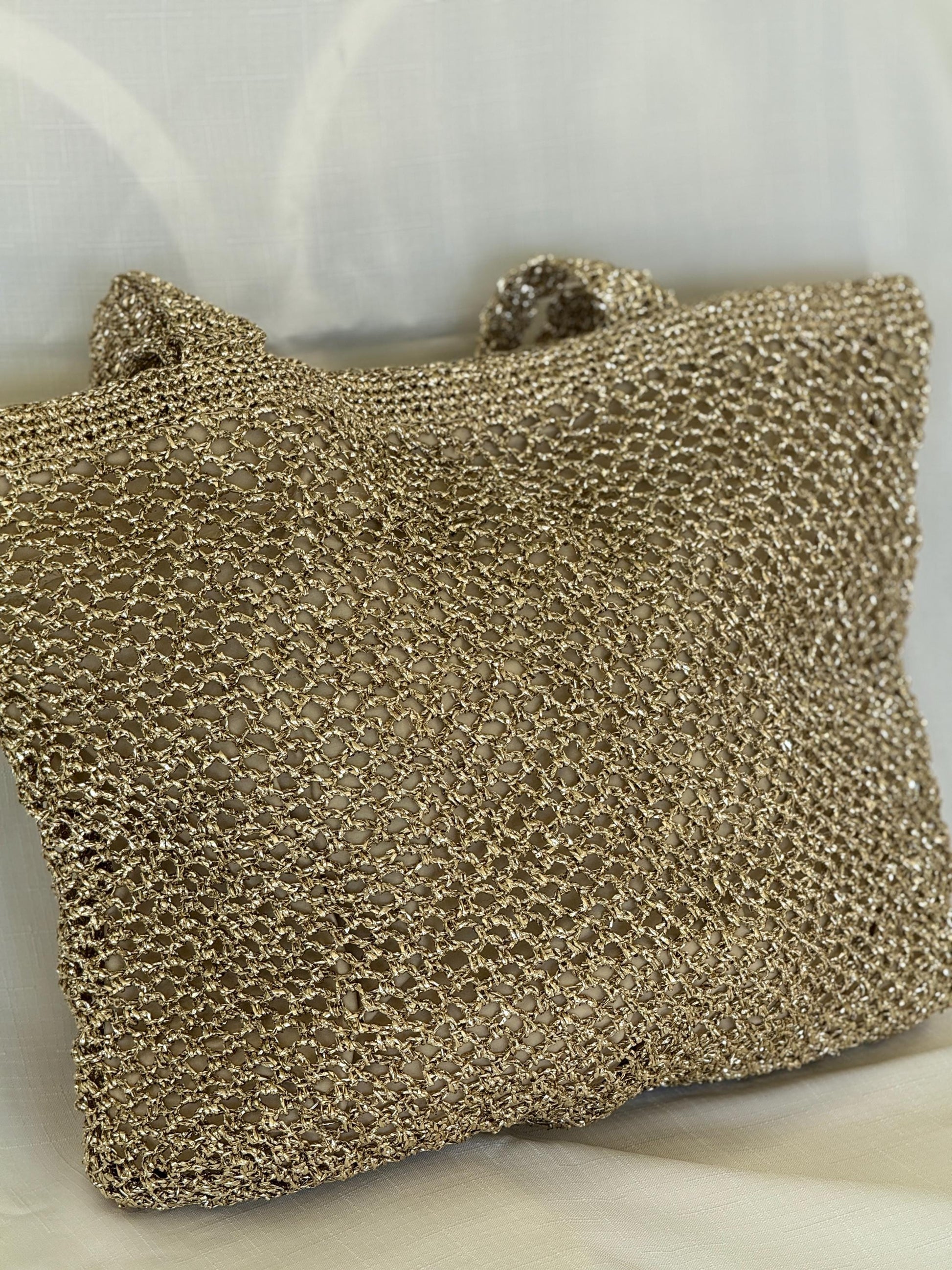 Gold Crochet Beach Bag: Handmade Lined Tote with Magnetic Closure