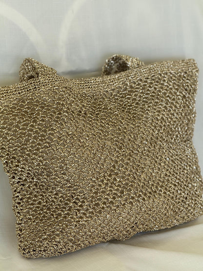 Gold Crochet Beach Bag: Handmade Lined Tote with Magnetic Closure