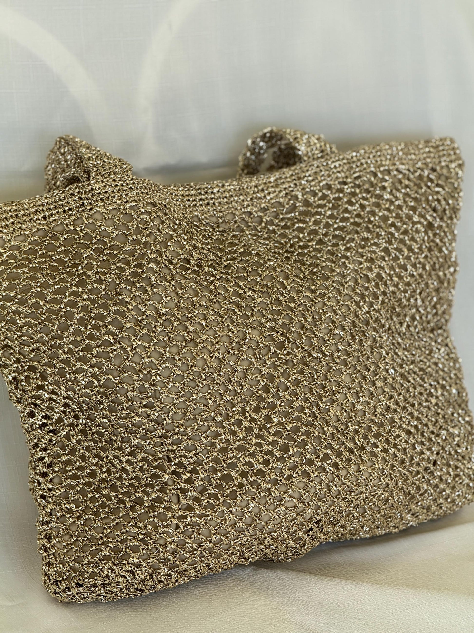 Gold Crochet Beach Bag: Handmade Lined Tote with Magnetic Closure