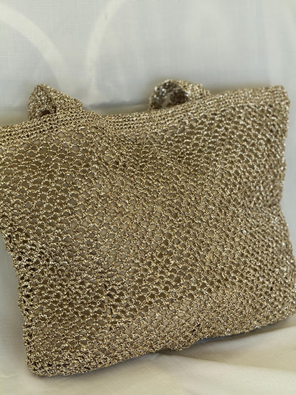 Gold Crochet Beach Bag: Handmade Lined Tote with Magnetic Closure