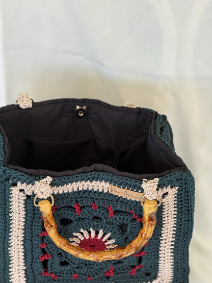 Crochet Granny Square Bag: Lined Boho Tote with Bamboo Handles