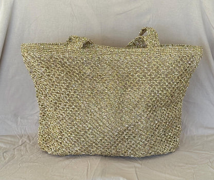 Gold Crochet Beach Bag: Handmade Lined Tote with Magnetic Closure