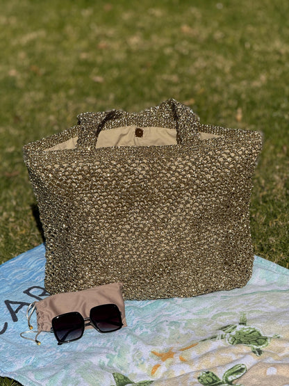 Gold Crochet Beach Bag: Handmade Lined Tote with Magnetic Closure