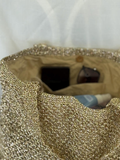 Gold Crochet Beach Bag: Handmade Lined Tote with Magnetic Closure