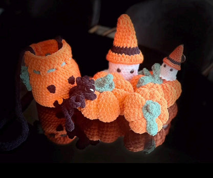 Handmade Crochet Halloween Set:Fall Decor, Plush Pumpkins, Ghost, Spider Bag & Keychain