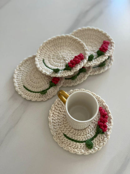 Handmade Crochet Floral Coaster Set: Boho Cotton Drink Mats, Set of 6