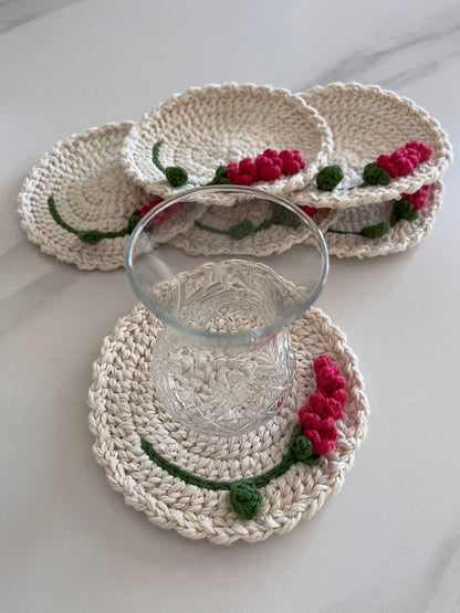 Handmade Crochet Floral Coaster Set: Boho Cotton Drink Mats, Set of 6