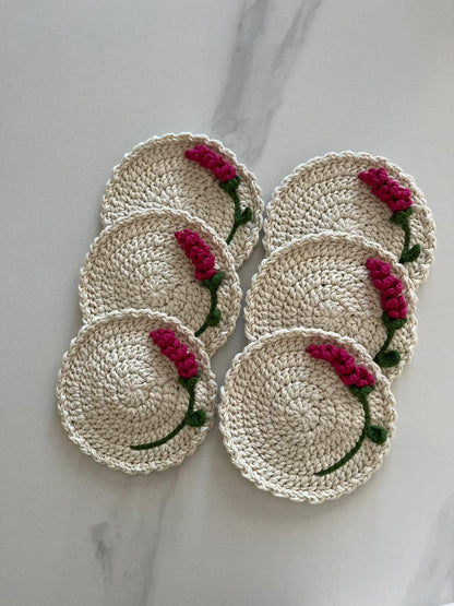 Handmade Crochet Floral Coaster Set: Boho Cotton Drink Mats, Set of 6