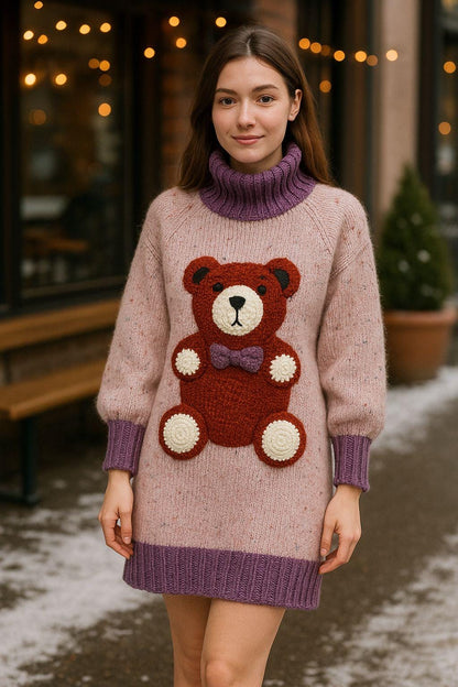 Handmade Knit Teddy Bear Sweater Dress - Wool Blend, Cozy Pullover