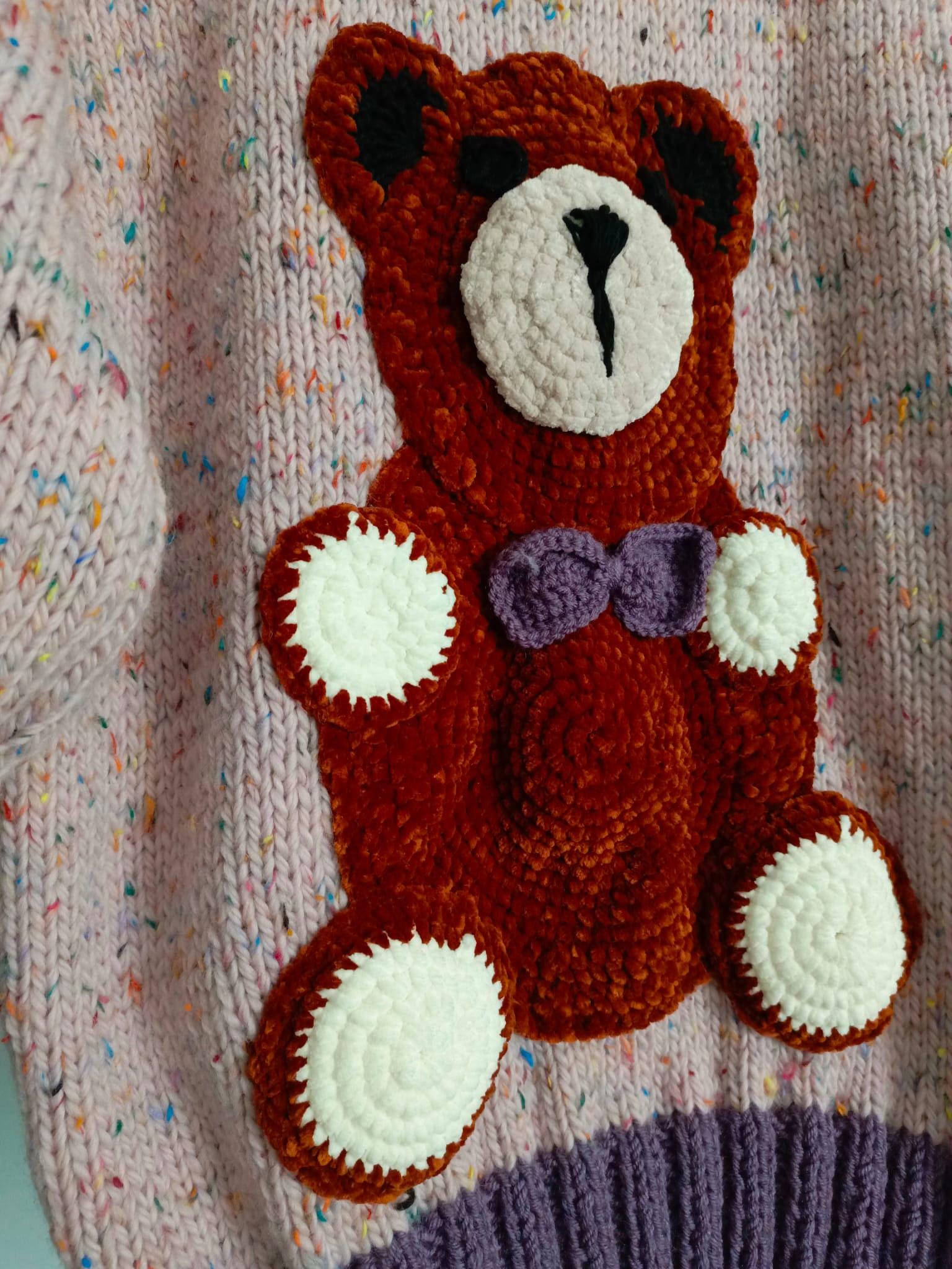 Handmade Knit Teddy Bear Sweater Dress - Wool Blend, Cozy Pullover