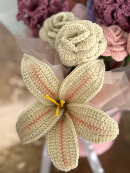 Handmade Crochet Flower Bouquet in Box | Lily, Roses, Tulip, Carnations, Calla – Gift Arrangement