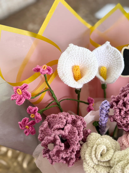 Handmade Crochet Flower Bouquet in Box | Lily, Roses, Tulip, Carnations, Calla – Gift Arrangement