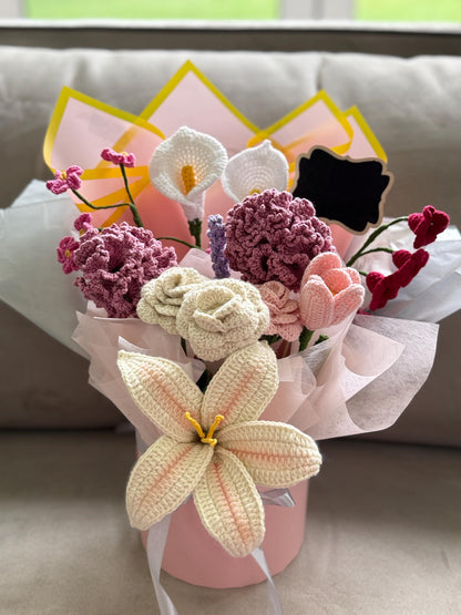 Handmade Crochet Flower Bouquet in Box | Lily, Roses, Tulip, Carnations, Calla – Gift Arrangement