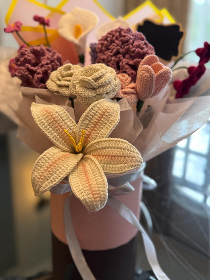Handmade Crochet Flower Bouquet in Box | Lily, Roses, Tulip, Carnations, Calla – Gift Arrangement