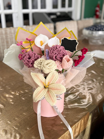 Handmade Crochet Flower Bouquet in Box | Lily, Roses, Tulip, Carnations, Calla – Gift Arrangement