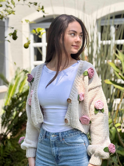 Handmade Crochet Rose Cardigan – Unique Floral Knit Sweater, Cottagecore Boho Jacket, Gift for Her