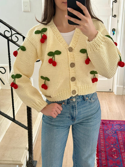 Handmade Cherry Cardigan: Trendy Knitted Fashion,Christmas Gift