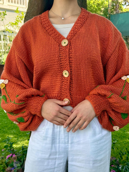 Boho Crochet Floral Cardigan – Handmade Chunky Knit Sweater for Women Embroidery Jacket