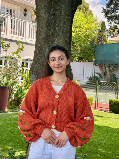 Boho Crochet Floral Cardigan – Handmade Chunky Knit Sweater for Women Embroidery Jacket