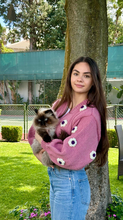 Handmade Pink Crochet Daisy Cardigan - Cottagecore Knitwear,Unique Christmas Gift