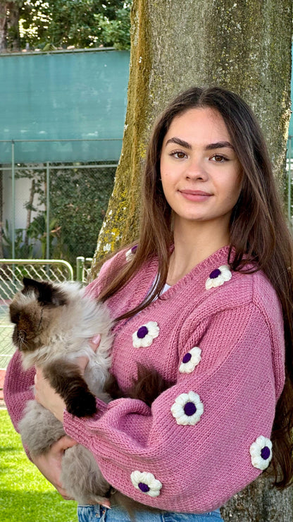 Handmade Pink Crochet Daisy Cardigan - Cottagecore Knitwear,Unique Christmas Gift