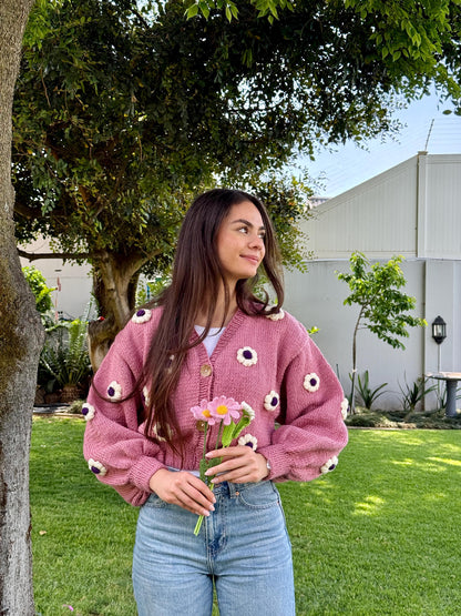 Handmade Pink Crochet Daisy Cardigan - Cottagecore Knitwear,Unique Christmas Gift