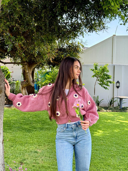 Handmade Pink Crochet Daisy Cardigan - Cottagecore Knitwear,Unique Christmas Gift
