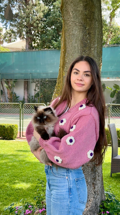 Handmade Pink Crochet Daisy Cardigan - Cottagecore Knitwear,Unique Christmas Gift