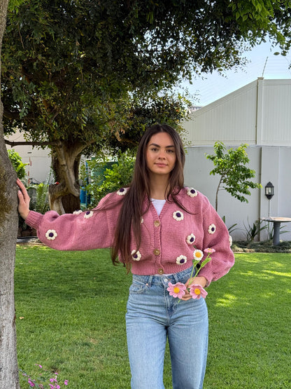 Handmade Pink Crochet Daisy Cardigan - Cottagecore Knitwear,Unique Christmas Gift