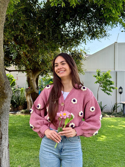 Handmade Pink Crochet Daisy Cardigan - Cottagecore Knitwear,Unique Christmas Gift