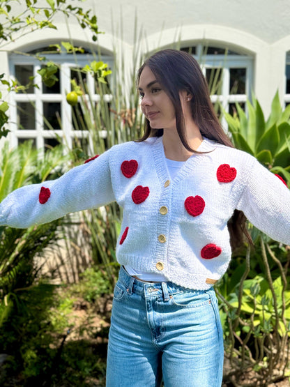 Handmade Sparkle Cardigan: Red Crochet Hearts Knit Sweater,Unique Christmas Gift
