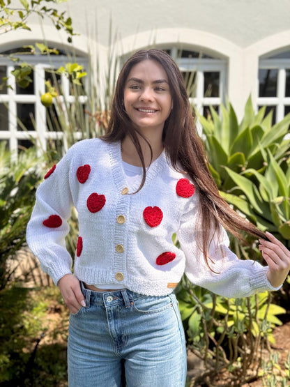 Handmade Sparkle Cardigan: Red Crochet Hearts Knit Sweater,Unique Christmas Gift