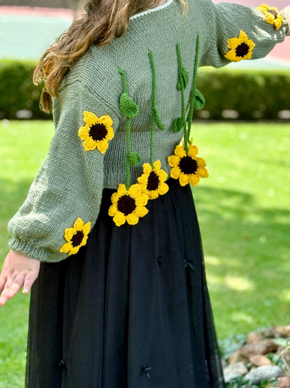 Handmade Chunky Knit Sunflower Cardigan: Boho Crochet Sweater