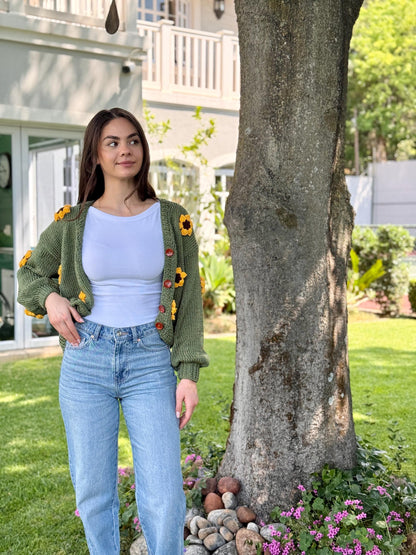 Handmade Chunky Knit Sunflower Cardigan: Boho Crochet Sweater