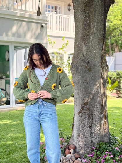 Handmade Chunky Knit Sunflower Cardigan: Boho Crochet Sweater