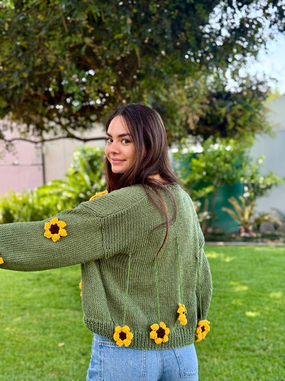 Handmade Chunky Knit Sunflower Cardigan: Boho Crochet Sweater