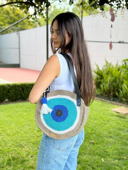 Crochet Evil Eye Shoulder Bag: Handmade Boho Purse with Leather Straps