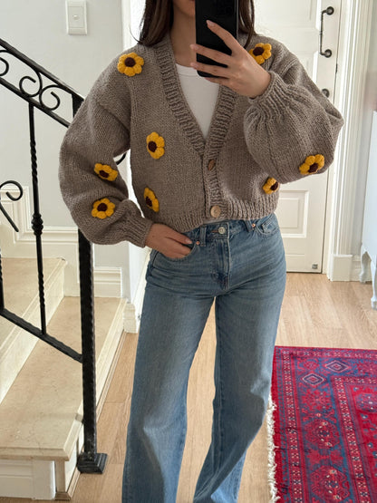 Handmade Chunky Knit Sunflower Cardigan: Boho Cropped Sweater,Unique Christmas Gift
