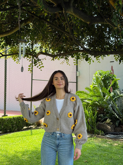 Handmade Chunky Knit Sunflower Cardigan: Boho Cropped Sweater,Unique Christmas Gift