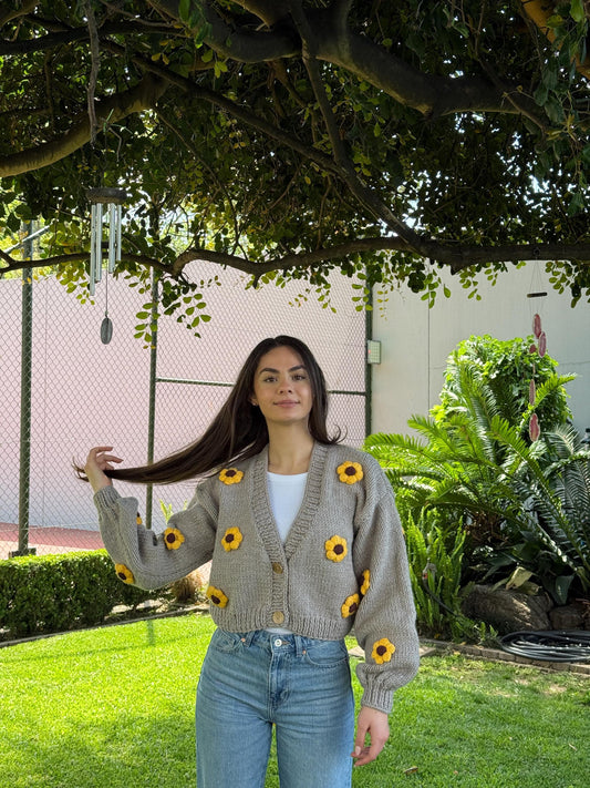 Handmade Chunky Knit Sunflower Cardigan: Boho Cropped Sweater,Unique Christmas Gift
