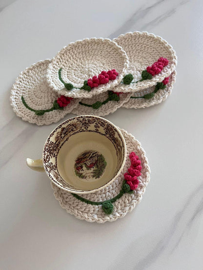 Handmade Crochet Floral Coaster Set: Boho Cotton Drink Mats, Set of 6