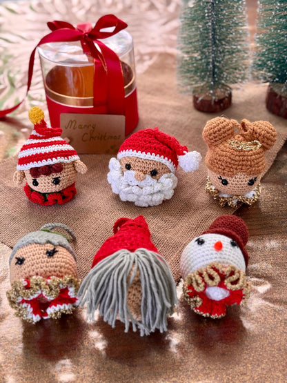 Festive crochet Christmas bauble set packaged in a holiday gift box – ready to gift handmade decor.