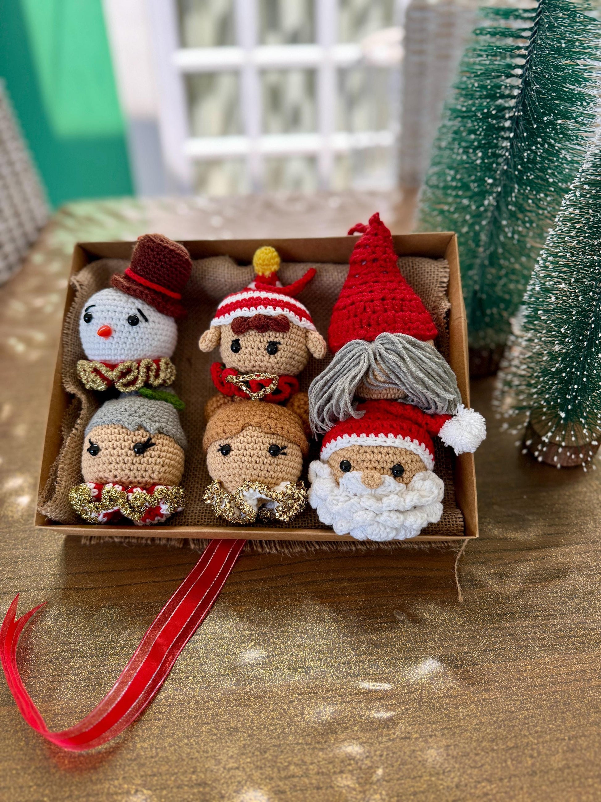 Handmade crochet Christmas bauble set in a festive gift box – Santa, Angel, Elf, Gnome, Snowman, and Mrs Claus decorations