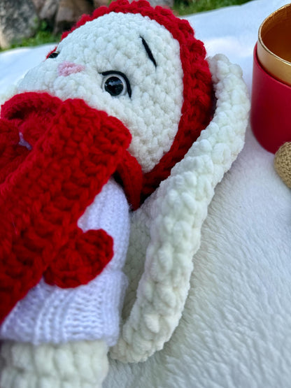 Red and white crochet bunny outfit styled for Valentine’s Day or romantic handmade gifts.