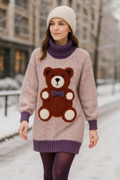 Handmade Knit Teddy Bear Sweater Dress - Wool Blend, Cozy Pullover