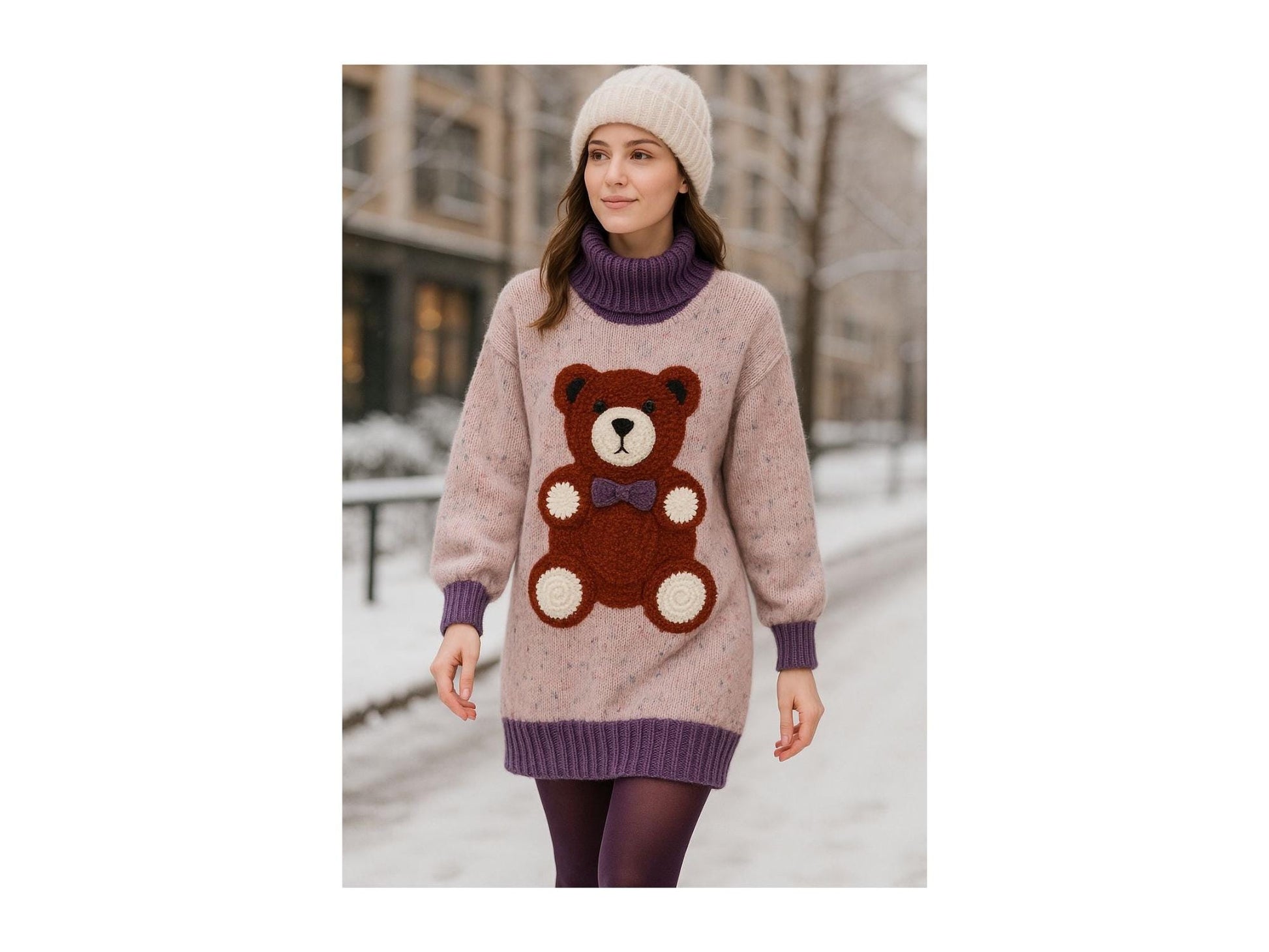 Handmade Knit Teddy Bear Sweater Dress - Wool Blend, Cozy Pullover