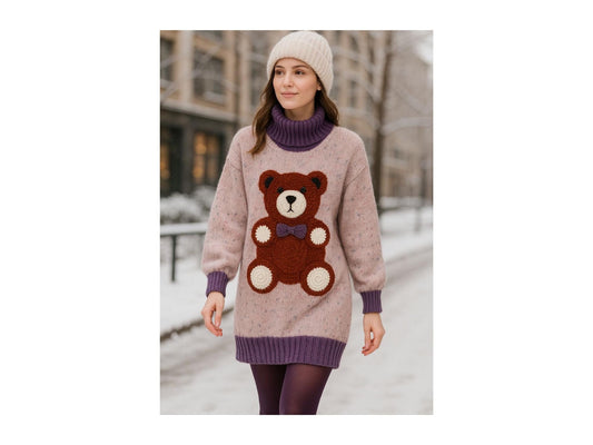 Handmade Knit Teddy Bear Sweater Dress - Wool Blend, Cozy Pullover