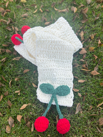 Handmade Velvet Crochet Scarf – Strawberry, Cherry & Daisy Design | Cute Gift for Her, Cozy Winter Accessory
