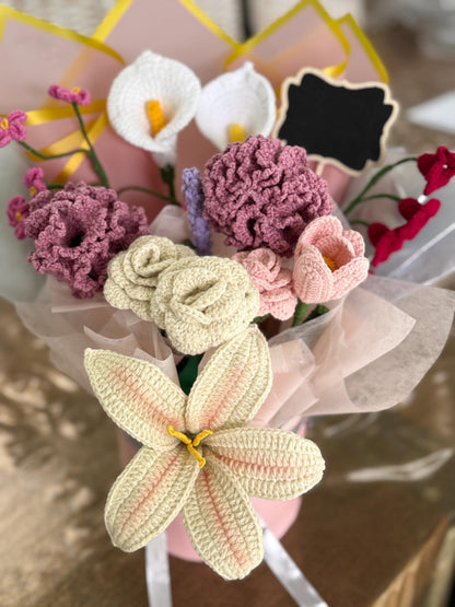 Handmade Crochet Flower Bouquet in Box | Lily, Roses, Tulip, Carnations, Calla – Gift Arrangement