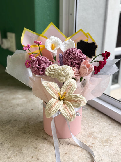 Handmade Crochet Flower Bouquet in Box | Lily, Roses, Tulip, Carnations, Calla – Gift Arrangement